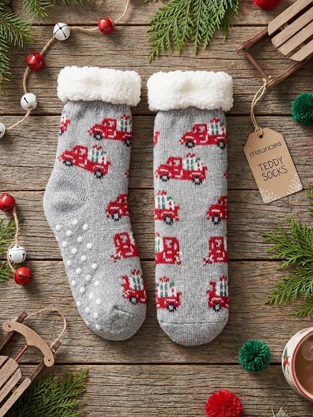Maurices Gray Teddy Socks with Red Truck Pattern and White Sherpa Cuff